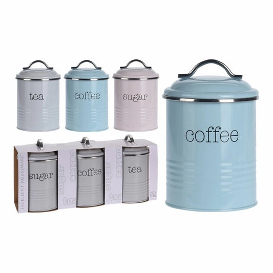 Sett med 3 fargerike kjøkkenbeholdere til oppbevaring av kaffe, sukker og te