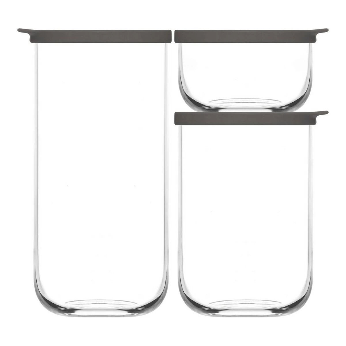 3 glassbeholdere i størrelser 4 liter, 1 liter og 380 ml med svarte lokk