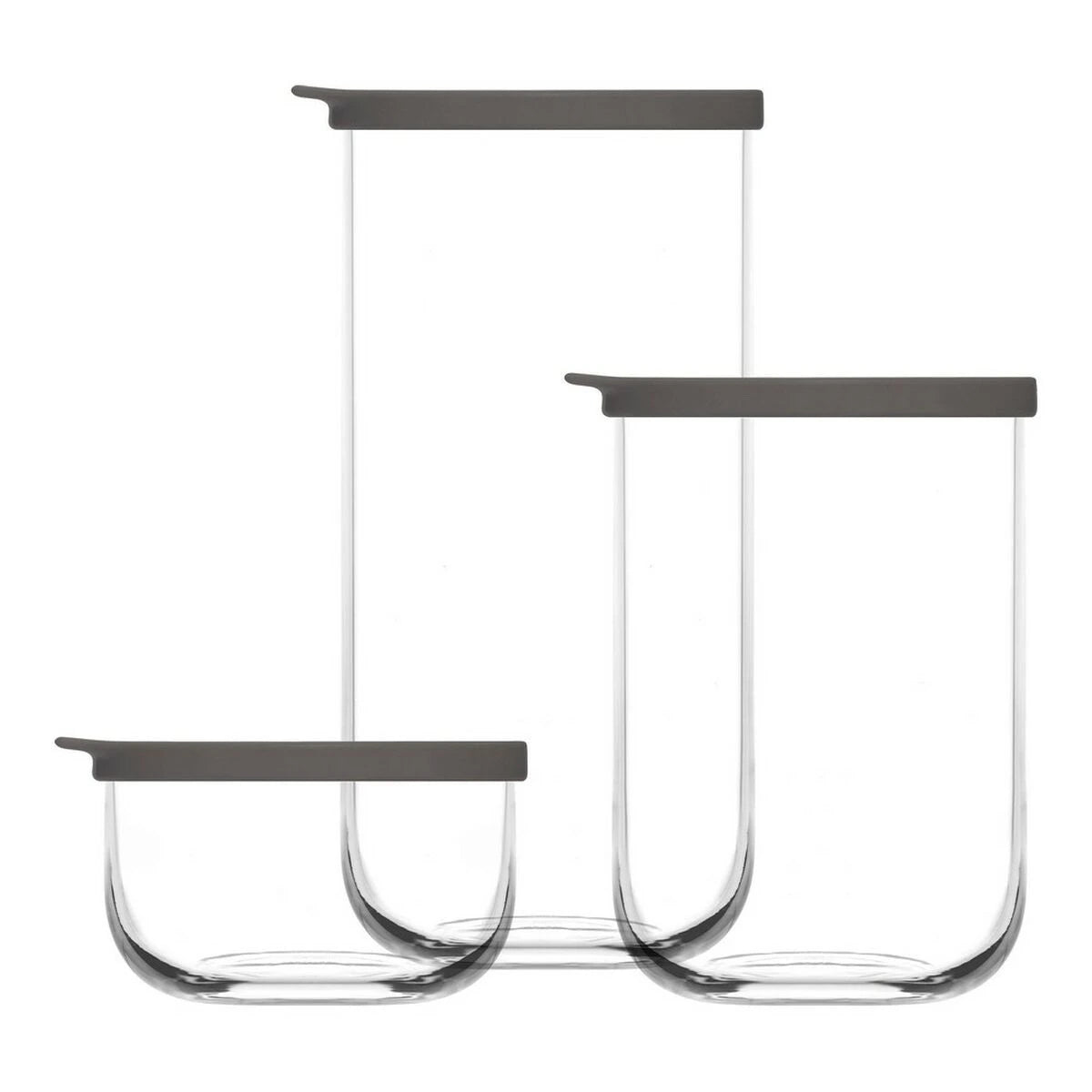 Sett med 3 praktiske og elegante matbeholdere med svarte lufttette lokk
