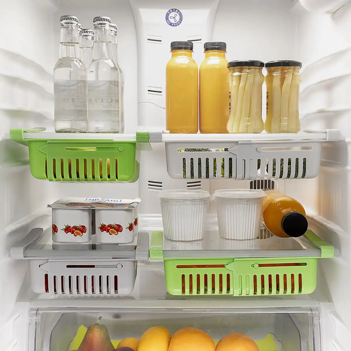 4 justerbare kjøleskapsskuffer i et kjøleskap