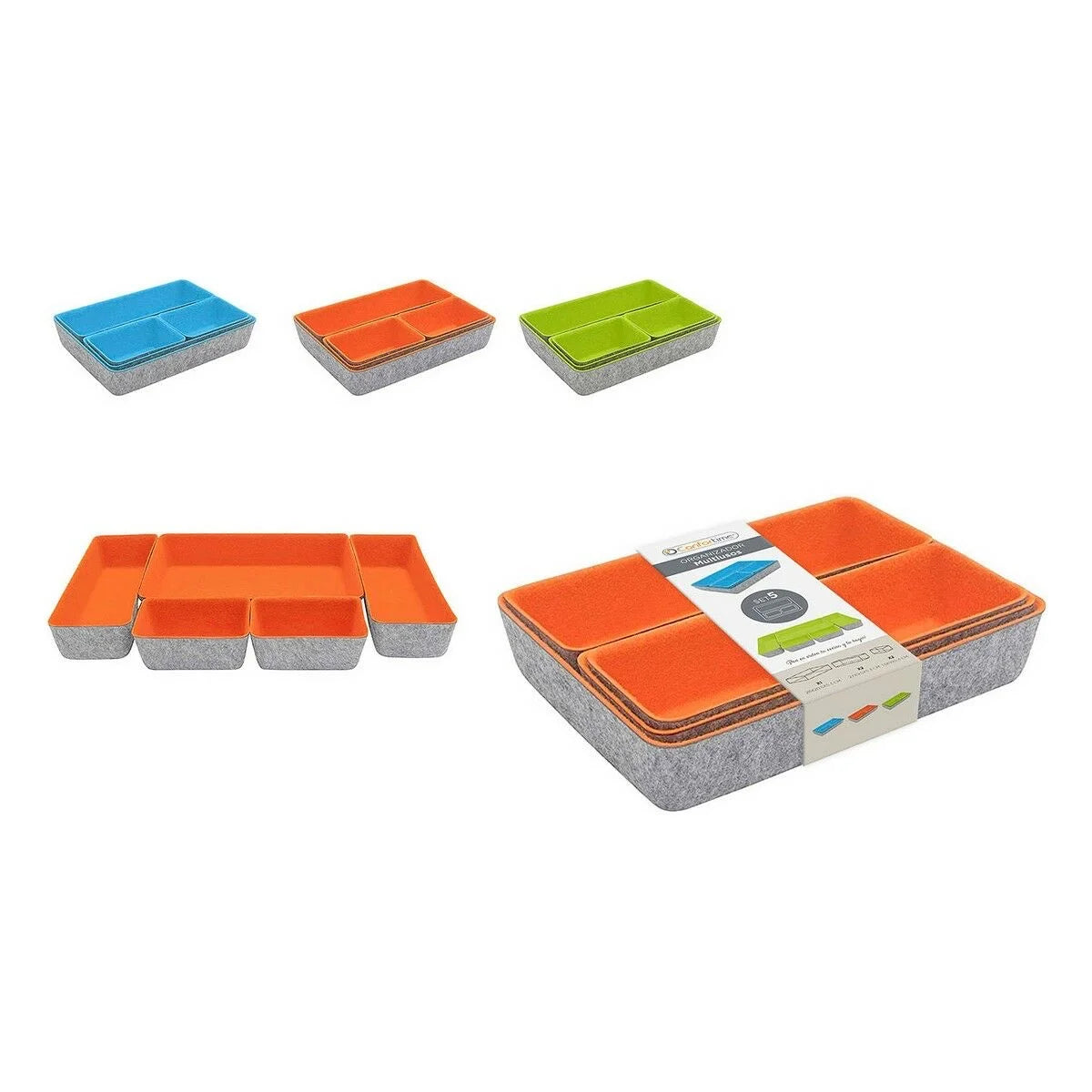 Sett med 5 oppbevaringsbokser i 3 forskjellige farger - oransje, blå og grønn
