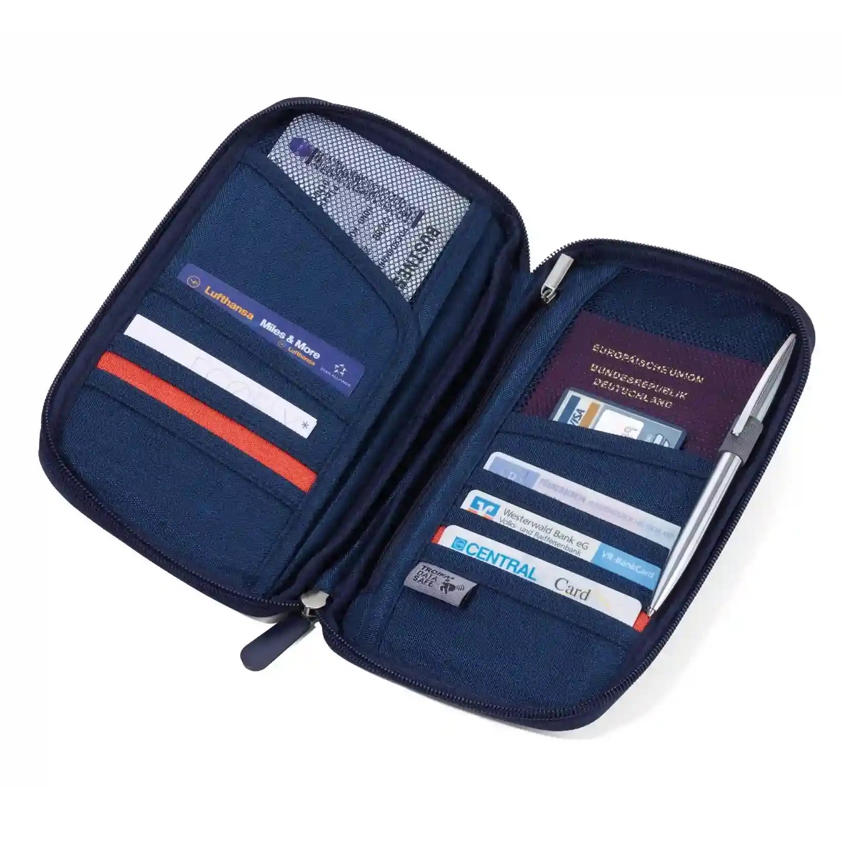 Mørkeblå lommebok til reise med plass til reisepass og boardingkort til fly