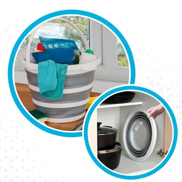 Sammenleggbar bøtte med vaskekluter og rengjøringsutstyr