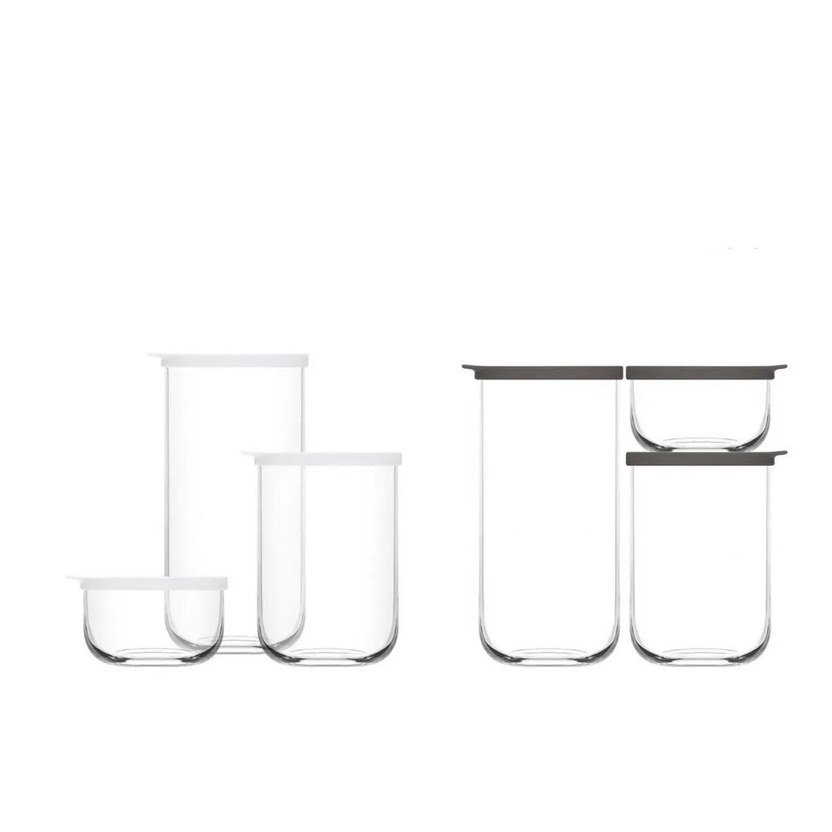 6 glassbeholdere - 3 med hvite lokk og 3 med svarte lokk
