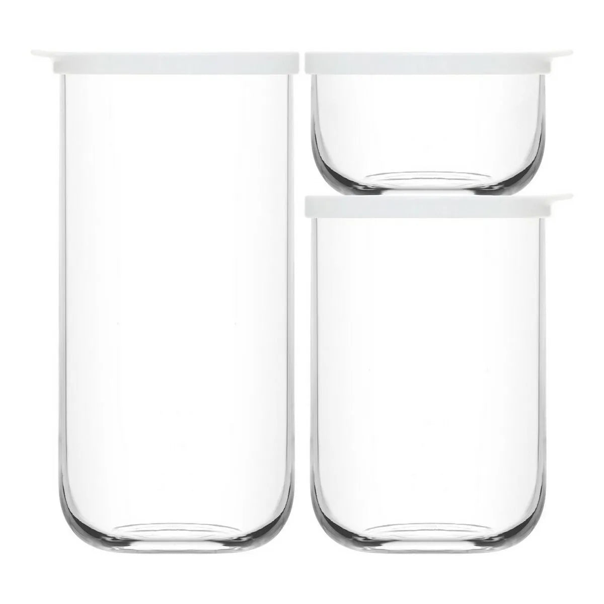 3 glassbeholdere i størrelser 4 liter, 1 liter og 380 ml med hvite lokk