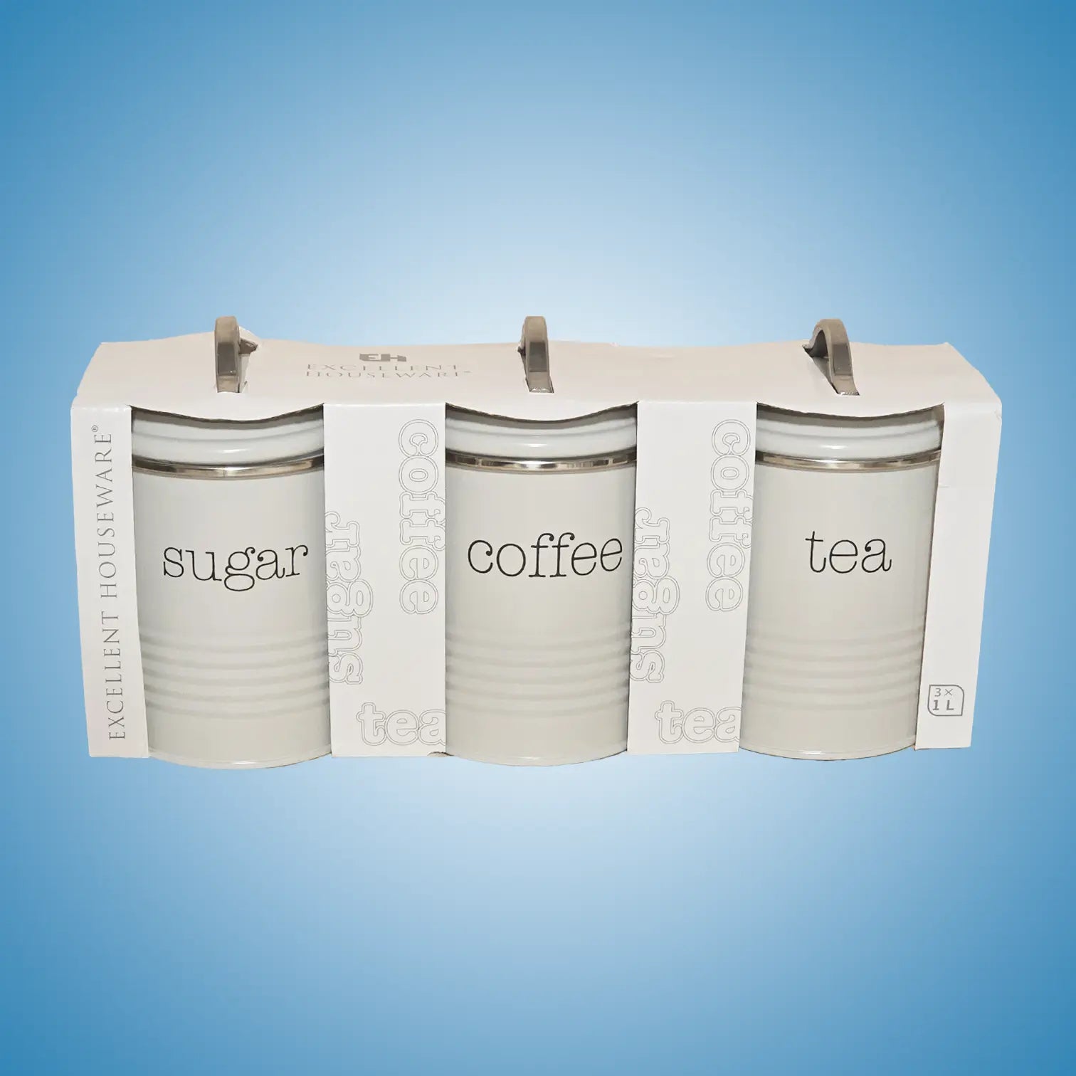 Sett med 3 kjøkkenbeholdere til oppbevaring av sukker, kaffe og te i grå farge
