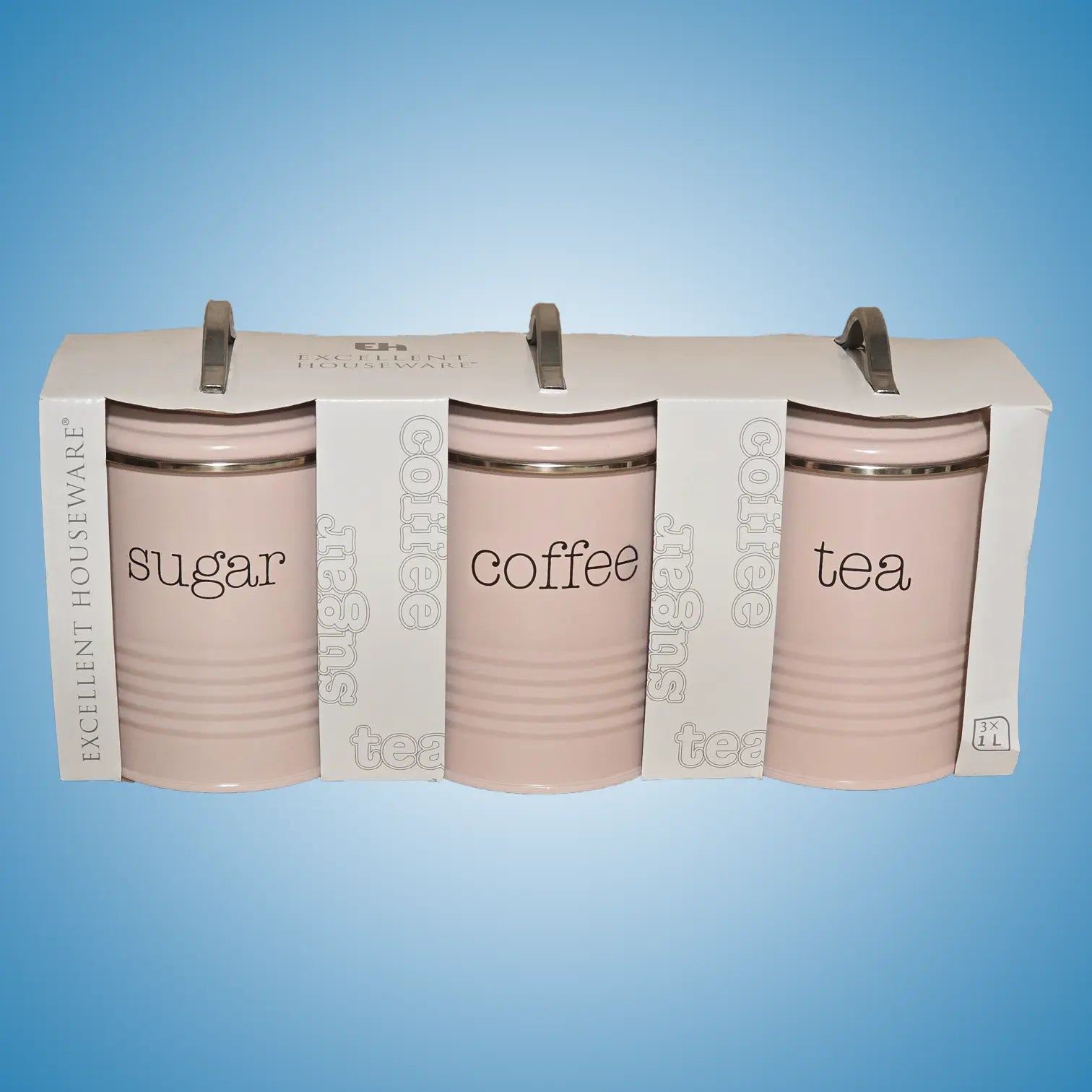 Sett med 3 kjøkkenkrukker til oppbevaring av sukker, kaffe og te i rosa farge