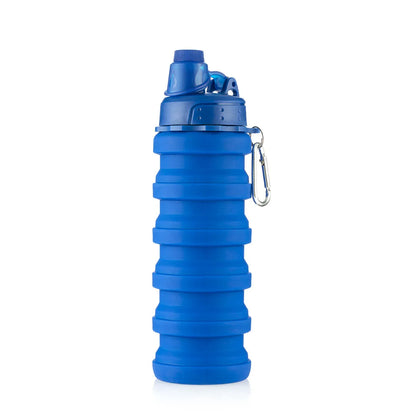En blå sammenleggbar vannflaske laget av silikon